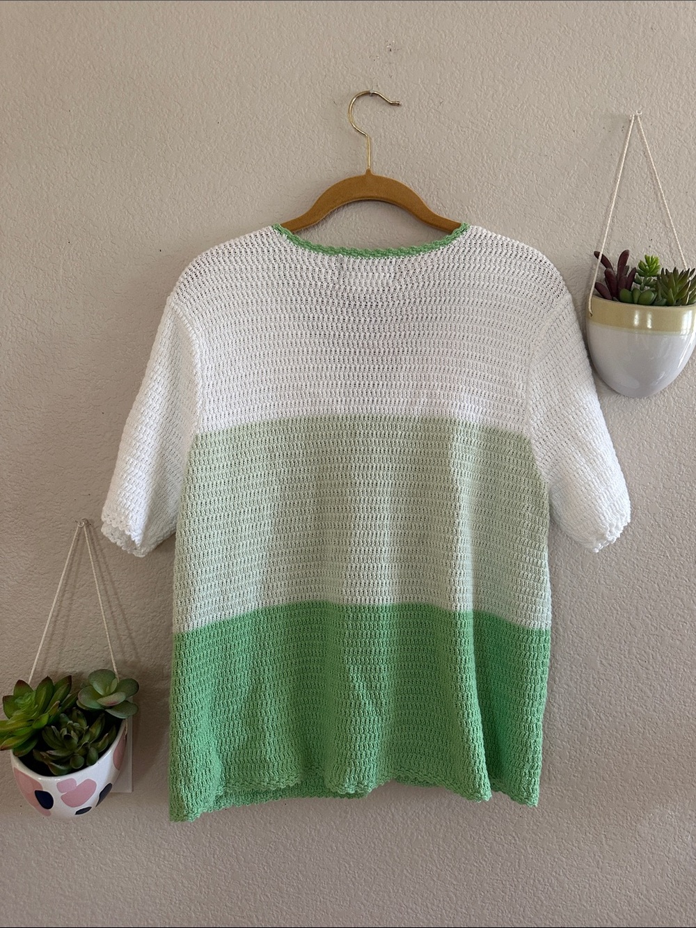 Vintage 90s Sag Harbor White and Green Crochet Knit Cardigan Button - Picture 3 of 4